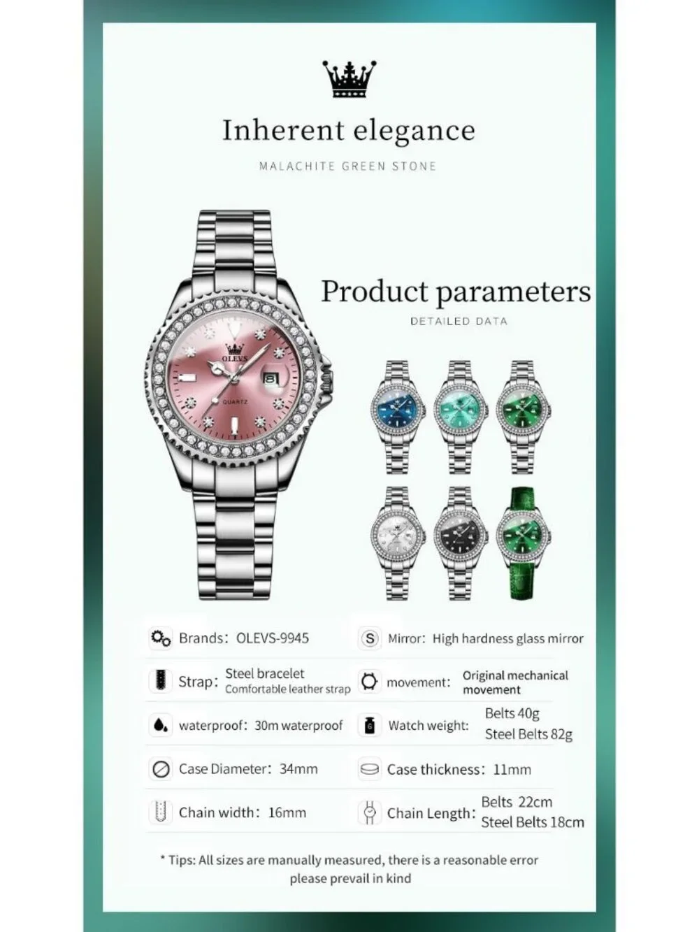 Women's Pink Luxury Diamond with Date Analog Quartz Waterproof Wrist Watch